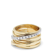 The DOro 14K Yellow and White Gold Diamond Crossover Ring, 0.39 TCW, features stacked bands with smooth and textured finishes and a diagonal band set with sparkling white diamonds for a modern, elegant look.