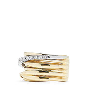 The DOro 14K Yellow and White Gold Diamond Crossover Ring, 0.39 TCW, features stacked bands with smooth and textured finishes and a diagonal band set with sparkling white diamonds for a modern, elegant look.