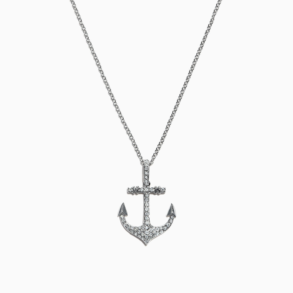 A Seaside 14K White Gold Diamond Anchor Pendant (0.21 ct) is displayed on a plain white background, its silver design encrusted with sparkling diamonds.