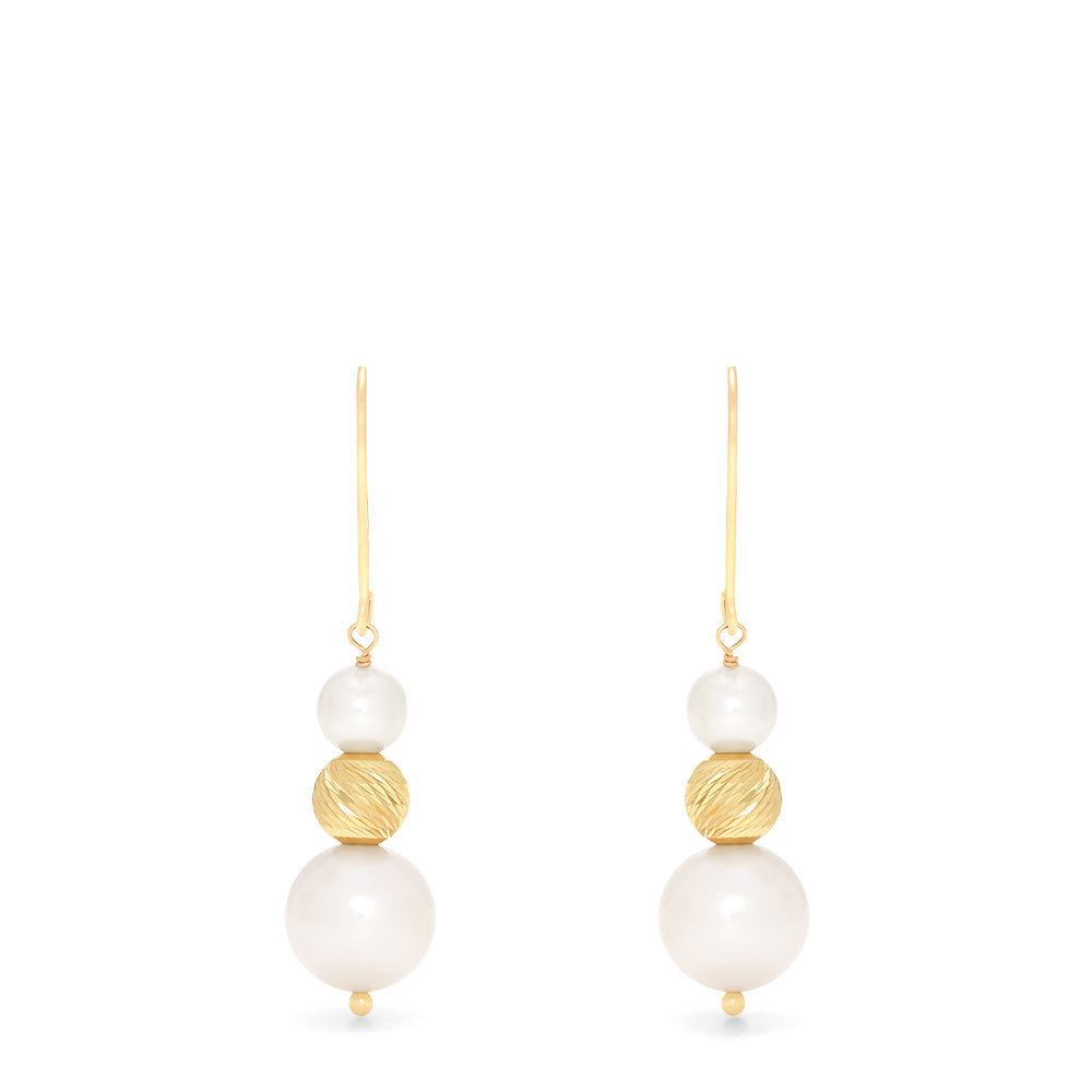 The 14K Yellow Gold Cultured Fresh Water Pearl Earrings feature yellow gold hooks, a textured gold bead, and two freshwater pearls—one small above and one larger below the bead—dangling from each earring.
