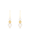 The 14K Yellow Gold Cultured Fresh Water Pearl Earrings feature yellow gold hooks, a textured gold bead, and two freshwater pearls—one small above and one larger below the bead—dangling from each earring.