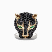 The Collectors Edition 14K Yellow Gold Black Diamond Ring, 3.80 TCW, features a panther head design with black diamonds and vivid green eyes, elegantly showcased against a plain white background.