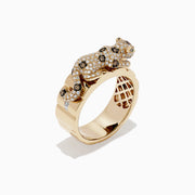 The Effy Signature 14K Yellow Gold Diamond and Tsavorite Panther Ring, 0.64 TCW, features a sculpted panther with diamond accents and green tsavorite eyes, intricate latticework inside the band, shown on a white background.