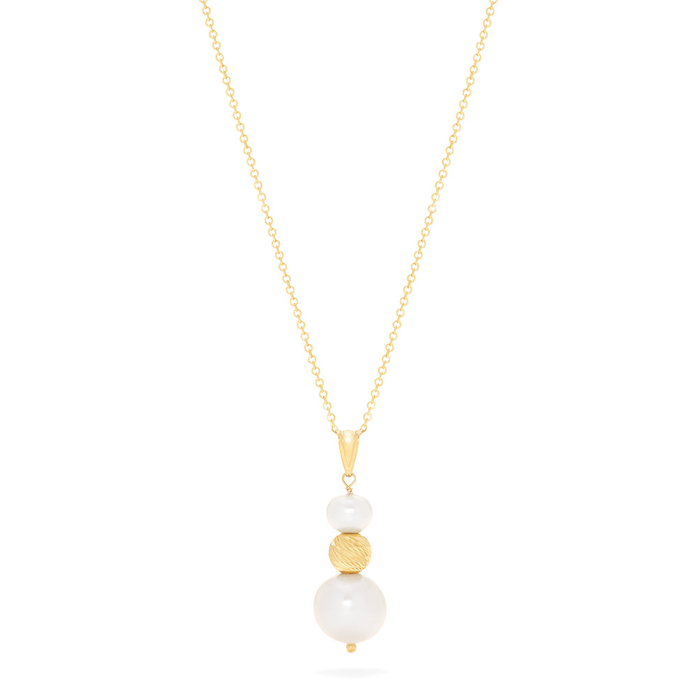 The 14K Yellow Gold Cultured Fresh Water Pearl Pendant features two white pearls and a textured gold bead, all vertically aligned on a yellow gold chain necklace.