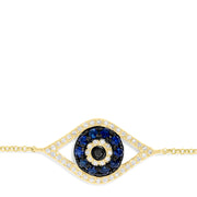 Novelty 14K Yellow Gold Sapphire & Diamond Evil Eye Bracelet, 0.43 TCW, features an eye-shaped charm with blue sapphire and diamonds, finished with a secure lobster clasp.