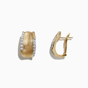 DOro 14K Yellow Gold 5/8 French Clip Diamond Earrings (0.39 TCW) feature brushed yellow gold hoops accented with a row of white diamonds along one edge—classic elegance for any occasion, shown on a plain white background.