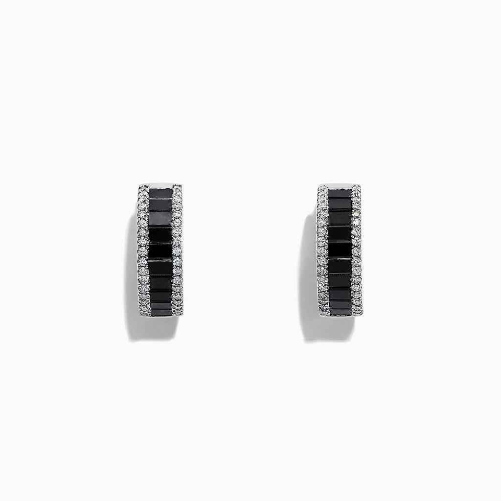 14K White Gold Black and White Diamond Hoop Earrings, 1.57 TCW, featuring black rectangular stones flanked by rows of clear round stones, are displayed on a white background.