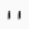 14K White Gold Black and White Diamond Hoop Earrings, 1.57 TCW, featuring black rectangular stones flanked by rows of clear round stones, are displayed on a white background.
