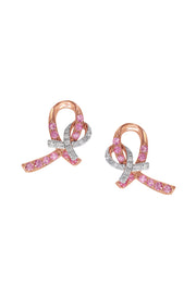 14K Rose Gold Pink Sapphire and Diamond Breast Cancer Awareness Ribbon Earrings, 0.54 TCW, feature elegant awareness ribbon shapes with pink sapphires and diamond accents in an intertwined design.