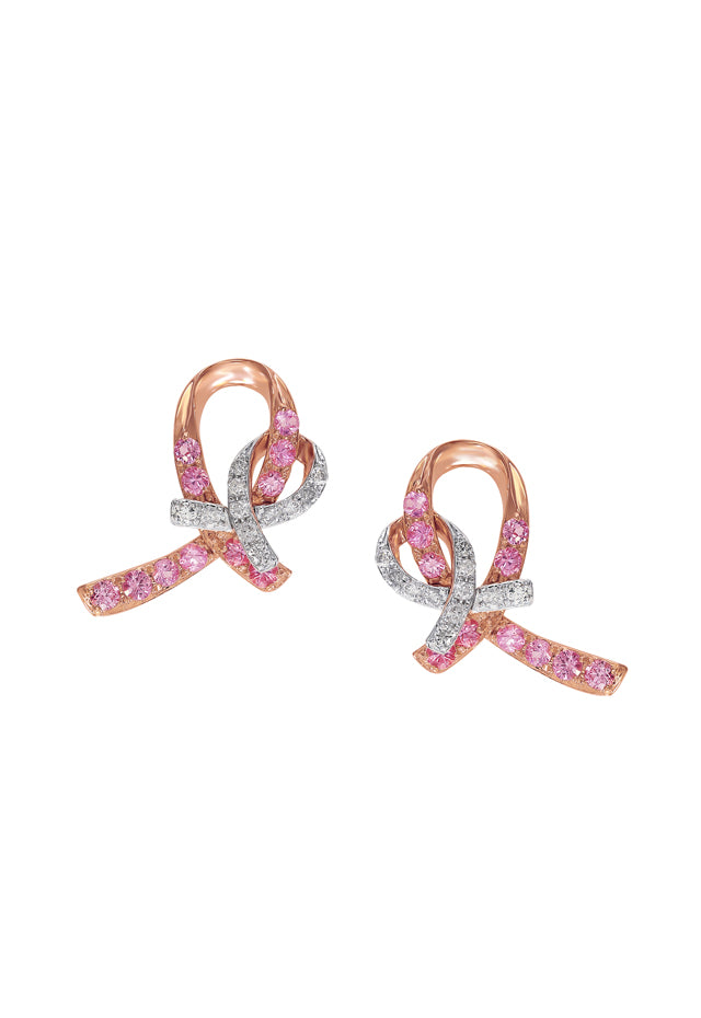 14K Rose Gold Pink Sapphire and Diamond Breast Cancer Awareness Ribbon Earrings, 0.54 TCW, feature elegant awareness ribbon shapes with pink sapphires and diamond accents in an intertwined design.