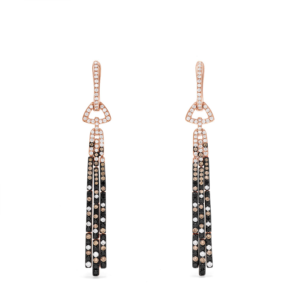 Elevate your style with these 14K Gold Black, Espresso & White Diamond Tassel Drop Earrings (1.51 TCW), featuring dangling segments and sparkling diamonds in geometric patterns for a sophisticated look.