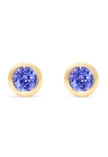 A pair of 14K Yellow Gold Tanzanite Stud Earrings, 0.91 TCW, with round faceted stones in classic bezel settings, shown on a white background.