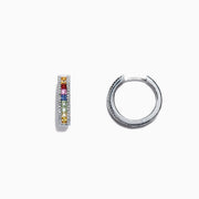 The Watercolors 14K White Gold Multi Sapphire & Diamond Hoop Earrings feature a vertical row of rainbow sapphires and diamonds, showcased against a plain white background.