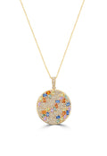 The Watercolors 14K Yellow Gold Multi Sapphire & Diamond Pendant (4.26 TCW) features a round, ornate design with sparkling sapphires and diamonds in various shapes and sizes on a yellow gold chain necklace.