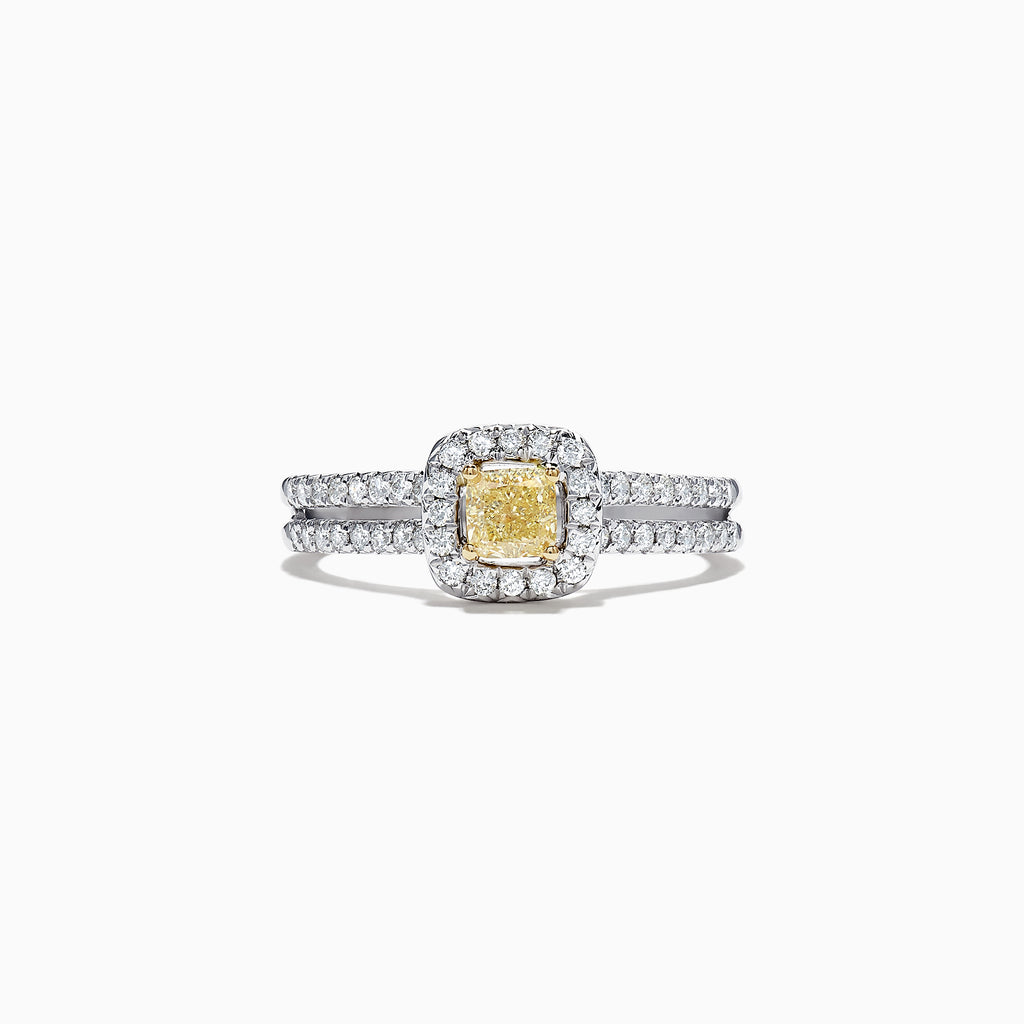 The Canare 18K Two-Tone Gold Yellow and White Diamond Ring features a square yellow and white diamond center, haloed by white diamonds with a double diamond band. Total carat weight: 0.72.