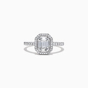 The Classique 14K White Gold Diamond Ring, 0.50 TCW, features an emerald-cut center stone with a diamond halo and diamonds along the band, displayed on a plain white background.
