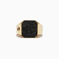 The Mens 14K Yellow Gold Black Diamond Signet Ring, 0.78 TCW features a wide band and an octagonal face set with black diamonds, plus a subtle side detail for a modern, bold style.