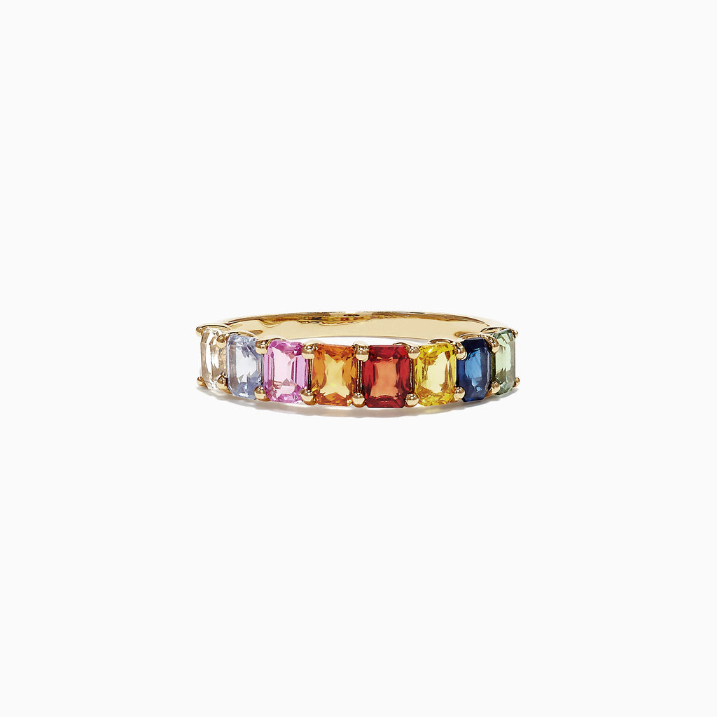 The Watercolors 14K Yellow Gold Multi-Sapphire Band Ring, 2.06 TCW, features rectangular sapphires in rainbow hues—blue, purple, pink, red, orange, yellow, and green—set on a yellow gold band and shown against a white background.