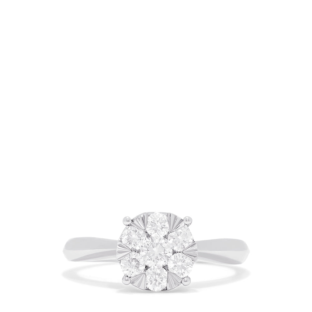 The Bouquet 14K White Gold Diamond Engagement Ring, 0.57 TCW, features a round cluster of diamonds in a floral-inspired setting on a polished band.
