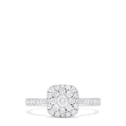 The Bouquet 14K White Gold Square Shaped Diamond Cluster Ring, 0.63 TCW, features a central diamond cluster with a double halo and additional diamonds along the band.