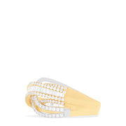 The Duo 14K White and Yellow Gold Diamond Crossover Ring features a 1.41 TCW of round and baguette-cut diamonds in an elegant crisscross design.