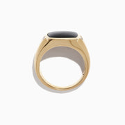 Mens 14K Yellow Gold Black Agate and Diamond Ring, 0.13 TCW, features a prominent square black agate center stone with small round diamonds on each side, shown against a plain white background.