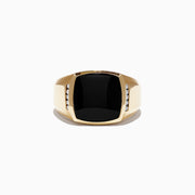 Mens 14K Yellow Gold Black Agate and Diamond Ring, 0.13 TCW, features a prominent square black agate center stone with small round diamonds on each side, shown against a plain white background.