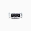 The Mens 14K White Gold Black and White Diamond Ring, 0.96 TCW, showcases a central row of black diamonds bordered by white diamonds in a rectangular design, all set on a polished white gold band.