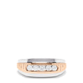 The Mens 14K White and Rose Gold Diamond Ring, 0.49 TCW features a two-tone band with five round diamonds set horizontally and silver accents along the edges for a striking look.