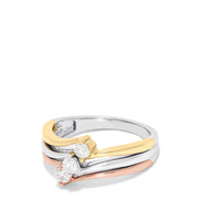 The Trio 14K Tri Color Gold Diamond Ring, 0.32 TCW, features gold, silver, and rose gold bands with a central round diamond on each band, set against a white background.