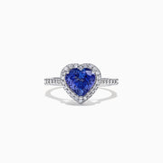 The Nahla Siri 14K White Gold Tanzanite and Diamond Heart Ring, 2.38 TCW, features a heart-shaped blue tanzanite center surrounded by a halo of diamonds and additional diamonds set along the band.