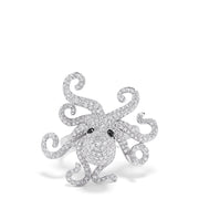 The Seaside 14K White Gold Diamond Octopus Ring, 1.33 TCW, features an octopus design with diamond accents and black gemstone eyes, elegantly displayed on a plain white background.