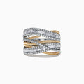 The Duo 14K 2 Tone Gold Diamond Crossover Ring features intertwined rows of baguette-cut diamonds (1.09 TCW) set in silver with twisted 14K gold bands, creating an elegant crisscross pattern.