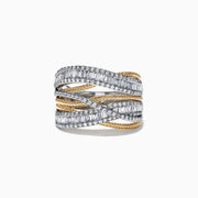 The Duo 14K 2 Tone Gold Diamond Crossover Ring features intertwined rows of baguette-cut diamonds (1.09 TCW) set in silver with twisted 14K gold bands, creating an elegant crisscross pattern.