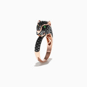 The Signature 14K Gold Black Diamond & Tsavorite Panther Ring, 1.75 TCW, features a sculpted panther head with black diamonds, green gem eyes, and white accents against a plain white background.