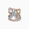 The Trio 14K Tri Color Gold Diamond Ring, 1.33 TCW, features interwoven bands of white, yellow, and rose gold adorned with sparkling diamonds for an intricate and luxurious design.