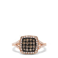 This 14K rose gold ring features a square setting with espresso diamonds at the center, surrounded by white diamonds and a split shank band with more white stones, totaling 0.60 TCW.