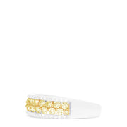 The Canare 14K Two-Tone Gold Yellow Diamond Band, 1.01 TCW, showcases two rows of round yellow diamonds at the center, bordered by white stones on top and bottom, set against a white background.