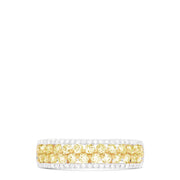 The Canare 14K Two-Tone Gold Yellow Diamond Band, 1.01 TCW, showcases two rows of round yellow diamonds at the center, bordered by white stones on top and bottom, set against a white background.