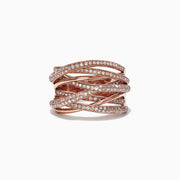 The Pave Rose 14K Rose Gold Diamond Crossover Ring, 0.71 TCW features multiple intertwined bands adorned with sparkling diamonds in a wide, layered design that exudes elegance and sophistication.