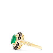 The Brasilica 14K Yellow Gold Ring showcases an oval green emerald, encircled by espresso and white diamonds on the halo and band, totaling 1.70 TCW—a stunning Emerald Diamond Ring.