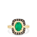 The Brasilica 14K Yellow Gold Ring showcases an oval green emerald, encircled by espresso and white diamonds on the halo and band, totaling 1.70 TCW—a stunning Emerald Diamond Ring.