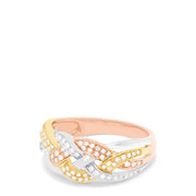 The Trio 14K Tri Color Gold Diamond Braid Ring, 0.29 TCW features rose, yellow, and white gold bands braided together and accented with sparkling diamonds—a timelessly elegant accessory.