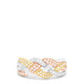 The Trio 14K Tri Color Gold Diamond Braid Ring, 0.29 TCW features rose, yellow, and white gold bands braided together and accented with sparkling diamonds—a timelessly elegant accessory.