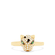 The 14K Yellow Gold Diamond and Tsavorite Panther Ring, 0.25 TCW, features a gold band with a diamond-encrusted panther head, black stone details, and green tsavorite eyes, set against a white background.