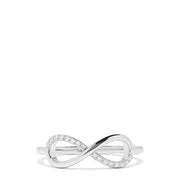 The Novelty 14K White Gold Diamond Infinity Ring, 0.06 TCW, features an elegant infinity symbol with sparkling diamonds and is displayed on a plain white background. An exquisite piece from the Effy Novelty collection.