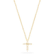 The Effy Novelty 14K Yellow Gold Diamond Cross Pendant (0.22 TCW) features sparkling white stones and is displayed on a simple white background—a stunning, elegant necklace.
