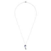 The Novelty 14K Gold Blue & White Diamond Seahorse Pendant, 0.62 TCW, features sparkling diamonds on its body and hangs elegantly from a delicate chain against a white background.