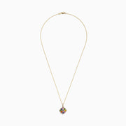 The Watercolors 14K Yellow Gold Multi Sapphire & Diamond Pendant (1.85 TCW) features a vibrant flower-shaped design with colorful sapphires and sparkling diamonds, hanging from a delicate gold chain on a white background.