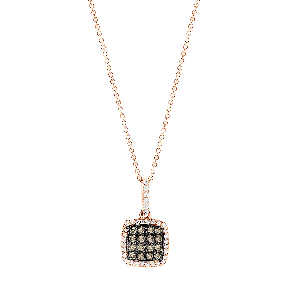 The 14K Rose Gold Espresso and White Diamond Pendant (0.60 TCW) features a square pendant with grid-set espresso diamonds bordered by white diamonds, gracefully suspended from a fine rose gold chain.